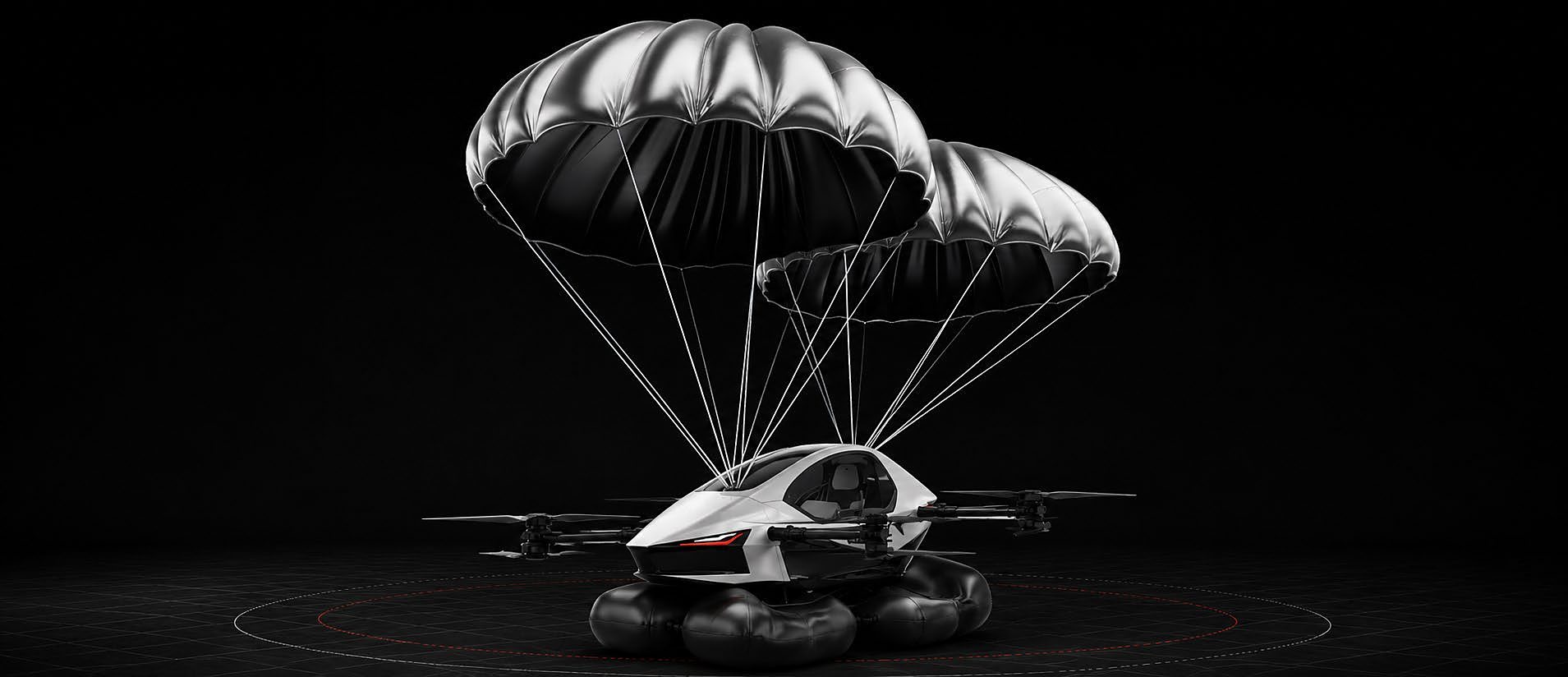 An S-ZERO descending under its ballistic parachute with the landing airbags inflated