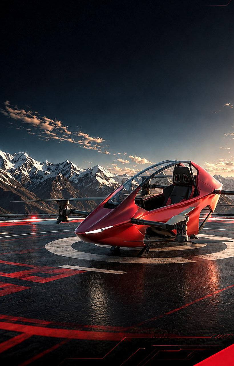 A red S-ZERO on a helipad at sunset with mountains behind