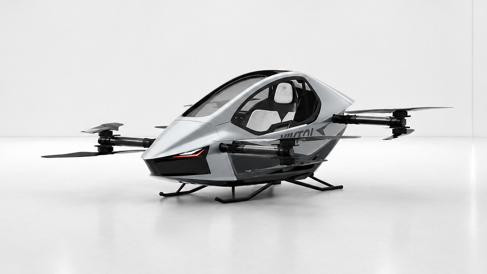 YIVTOL MAX, the enclosed model, with a lift-up canopy and skids